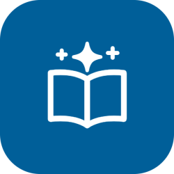 Beeldmerk AI-geletterdheid: open boek met fonkeling op Aegolius-blauw