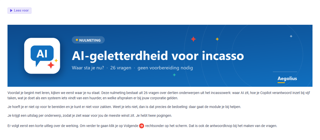 Startscherm van de nulmeting: 26 vragen, geen voorbereiding nodig