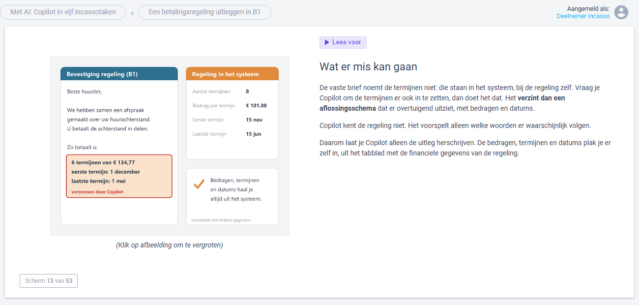 Theoriescherm over een betalingsregeling in B1, met een verzonnen voorbeeld