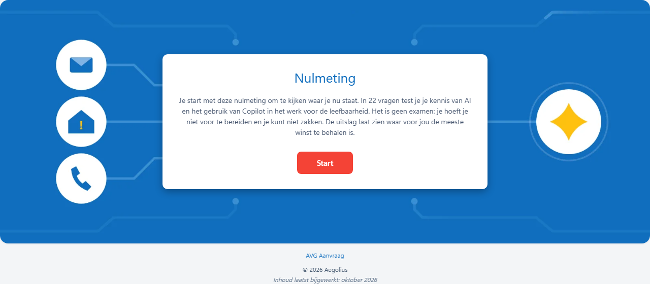 Het startscherm van de nulmeting: 22 vragen over AI en Copilot in het werk voor de leefbaarheid