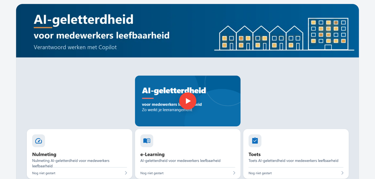 De portal van AI-geletterdheid voor medewerkers leefbaarheid met de tegels nulmeting, e-learning en toets