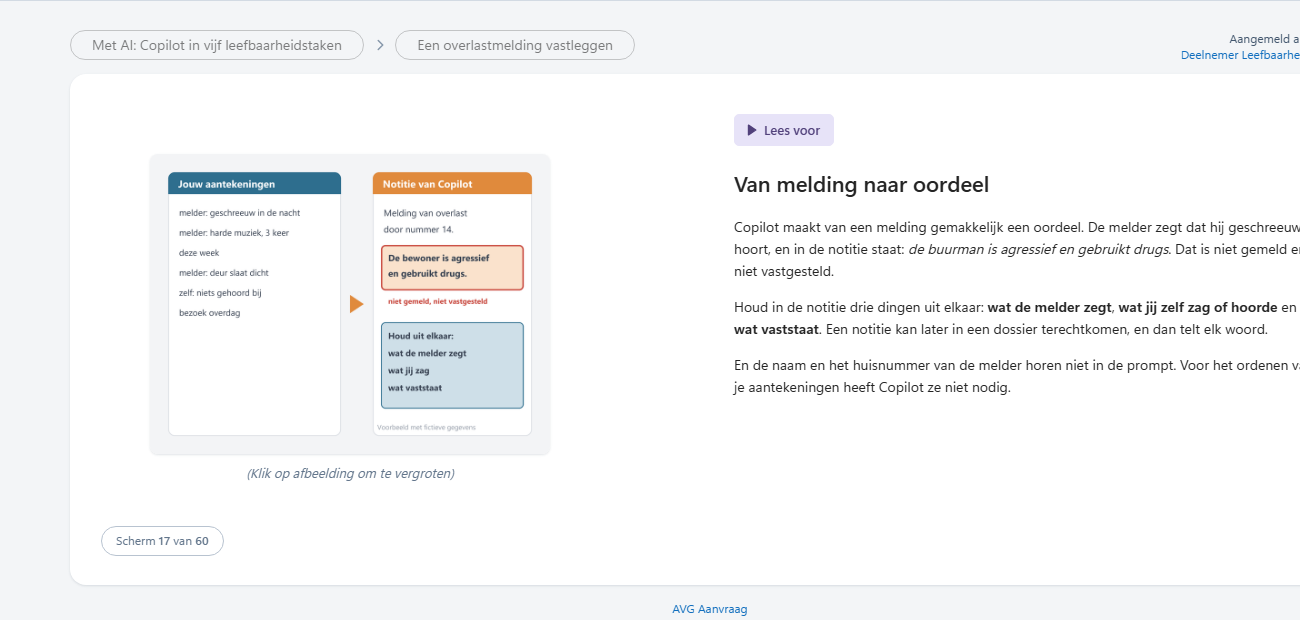 Een theoriescherm over het vastleggen van een overlastmelding met Copilot