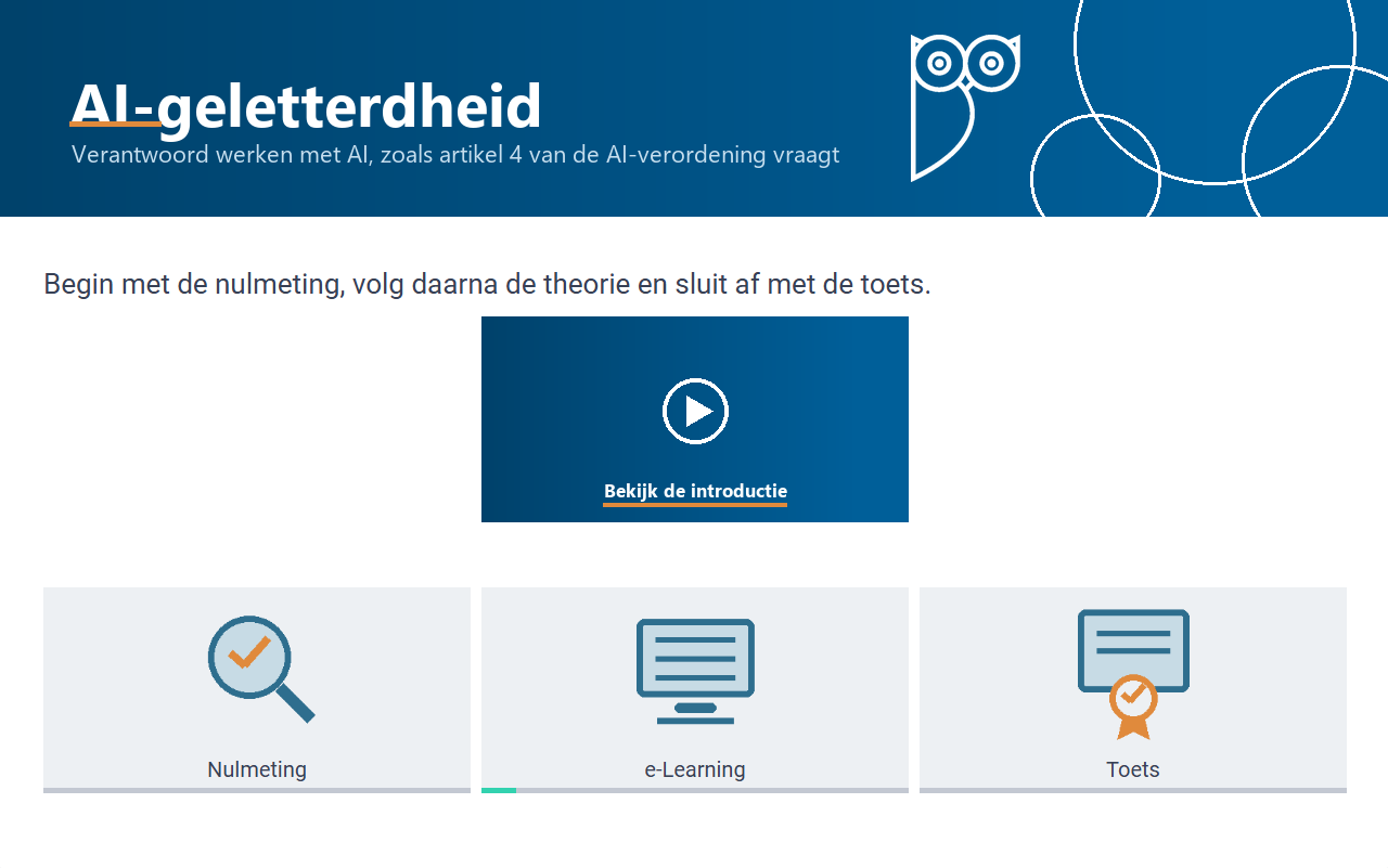 Portal AI-geletterdheid met introductievideo en de tegels Nulmeting, e-Learning en Toets