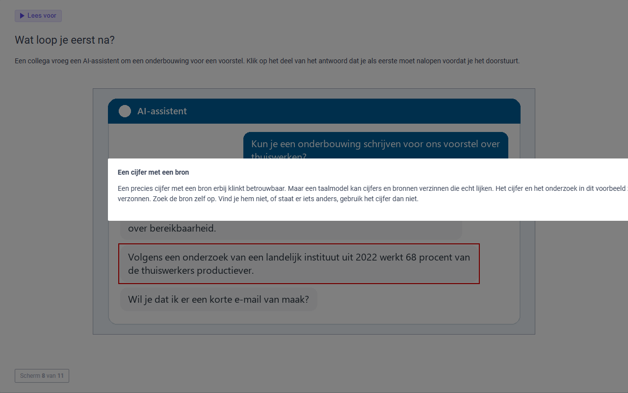 Theoriescherm AI-geletterdheid: hotspotvraag over een AI-antwoord met een verzonnen bron