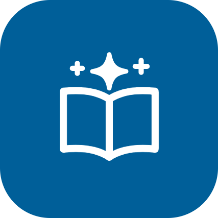 Beeldmerk AI-geletterdheid: open boek met fonkeling op Aegolius-blauw