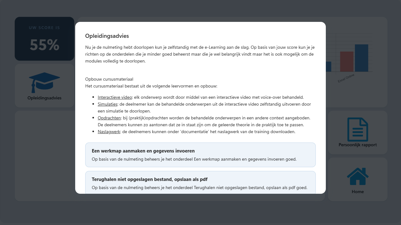 Opleidingsadvies na de nulmeting van Excel Expert User MO-210, per onderwerp