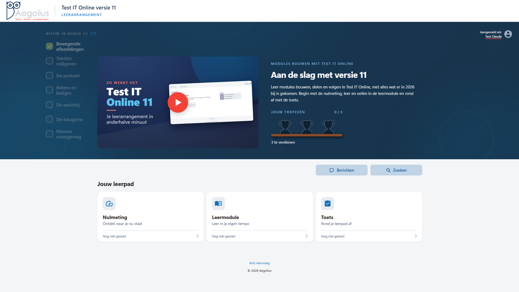 De portal van het leerarrangement Test IT Online v11 met de video, de trofeeën en de tegels Nulmeting, Leermodule en Toets
