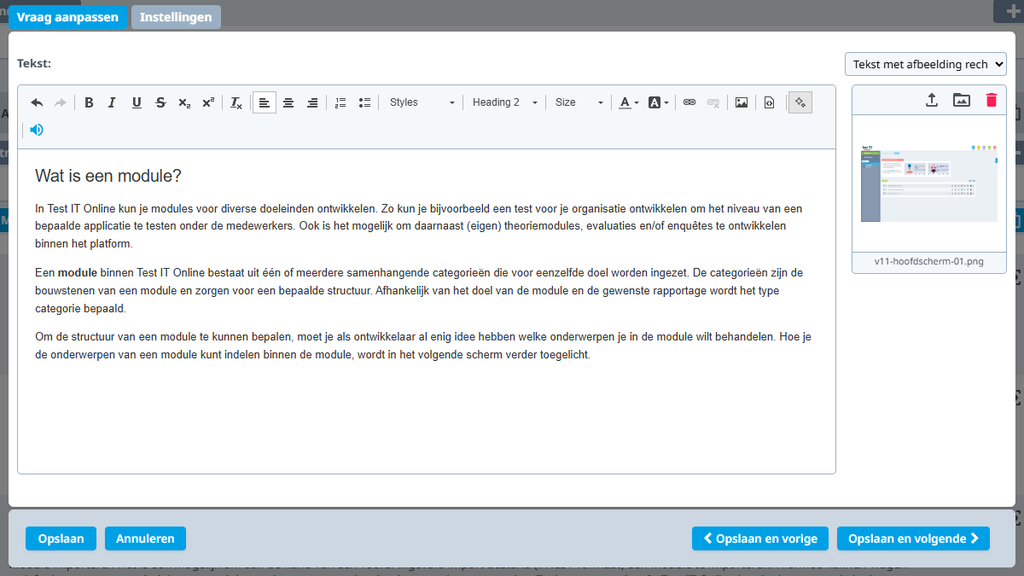 Een tekstscherm bewerken in Test IT Online v11, met de knop om de tekst te laten redigeren